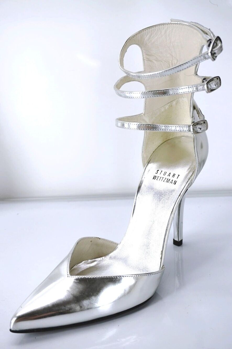 Stuart Weitzman Privacy Silver Pointy Toe Multi Ankle Strap Pumps Size 6.5 Wide
